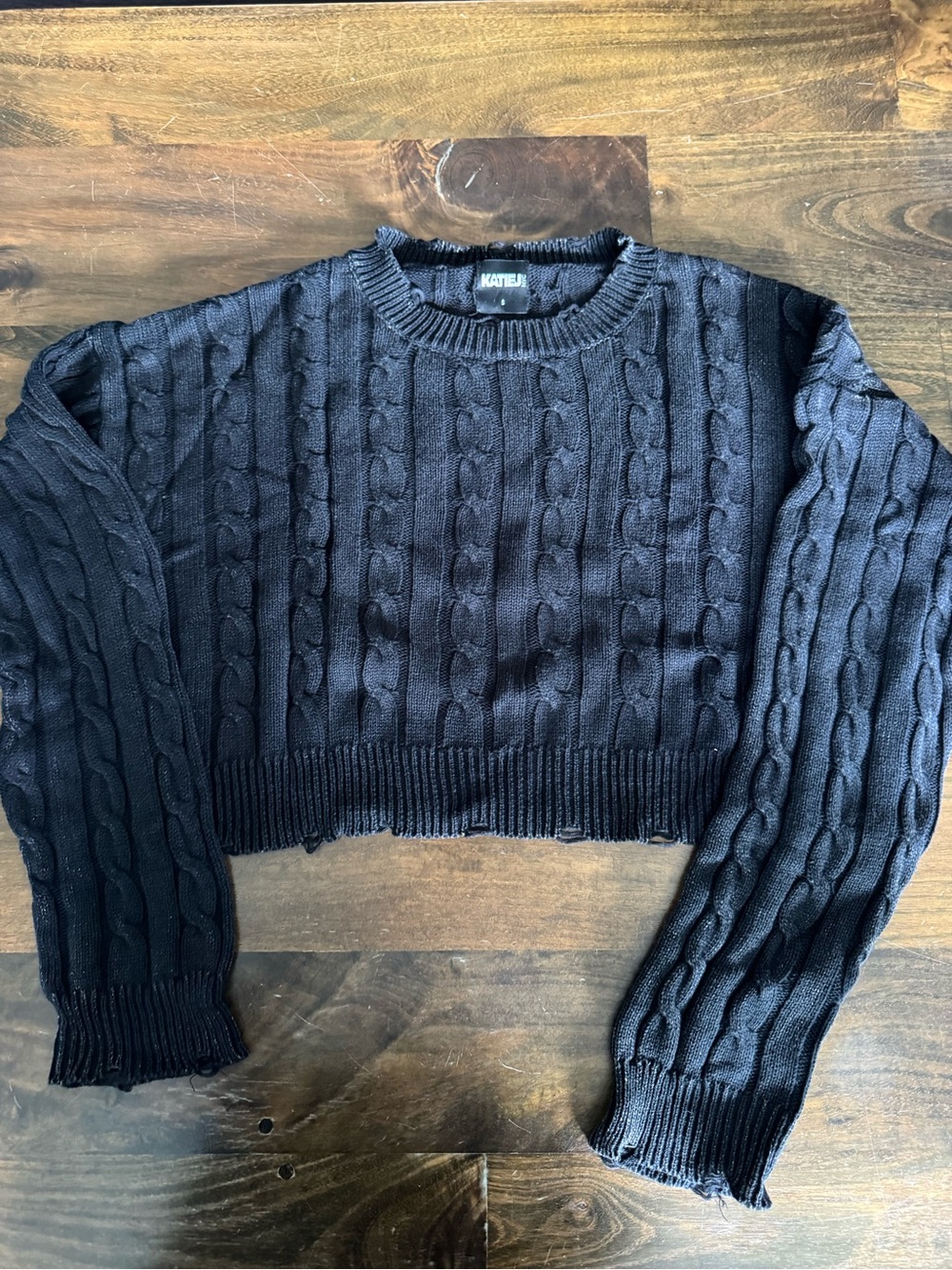 Katie J NYC Black Cable-Knit Cropped Crew Sweater